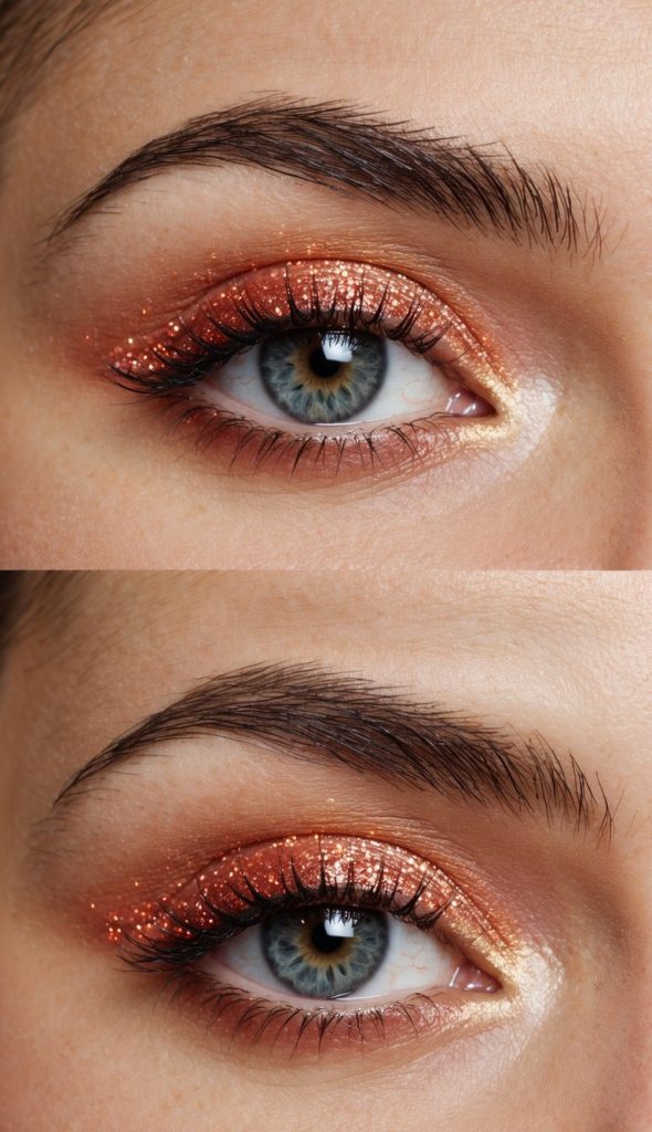 Close-up of a blue eye with copper glitter eyeshadow on the eyelid, paired with neatly groomed eyebrows.