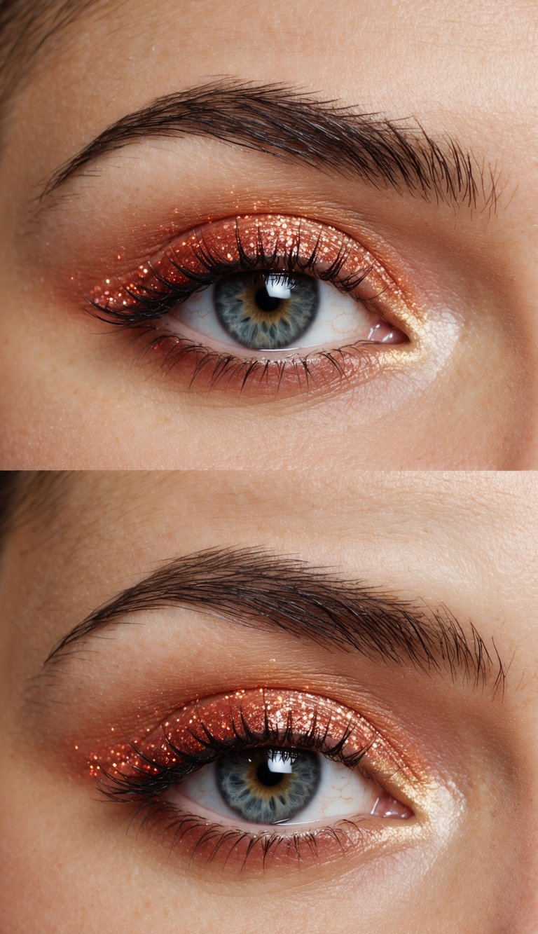 Close-up of a blue eye with copper glitter eyeshadow on the eyelid, paired with neatly groomed eyebrows.