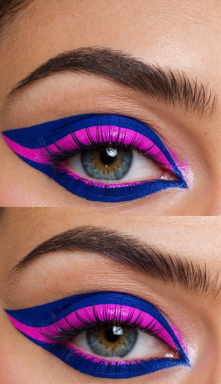 A close-up of vibrant neon purple double eyeliner on a bright, colorful eye makeup look