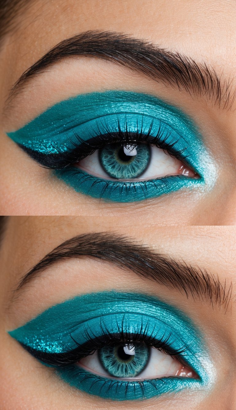 A close-up of a turquoise winged eye with vibrant aqua eyeshadow and a shimmering finish