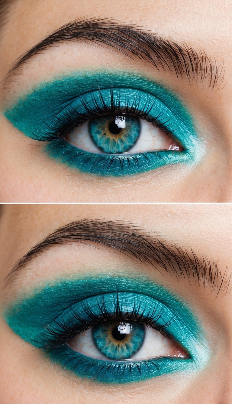 A close-up of two eyes, each beautifully adorned with vibrant teal eyeshadow. The eyes have blue-green irises, dark lashes, and well-defined eyebrows. The top eye shows a more feathered eyeshadow application, while the bottom eye showcases a slightly more polished look.