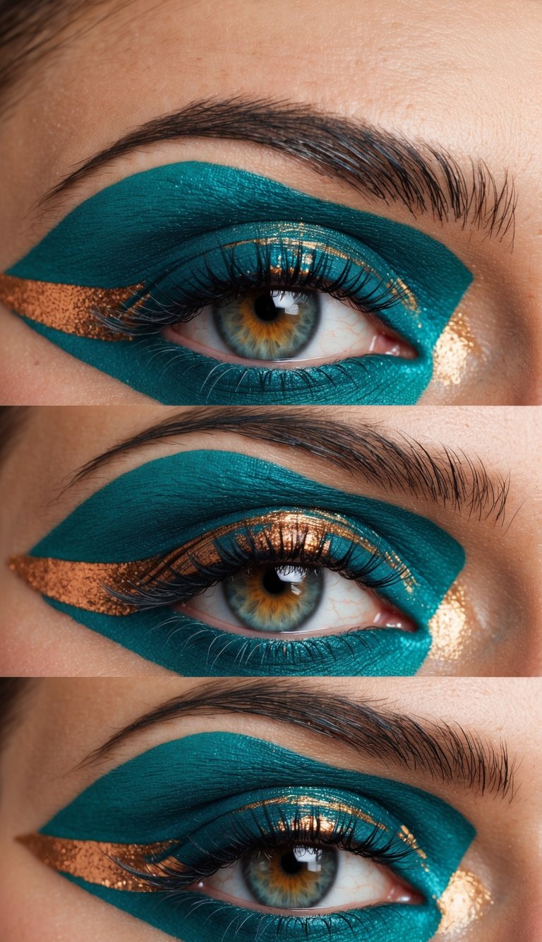 A close-up of vibrant teal and copper eye makeup, with bold and colorful patterns