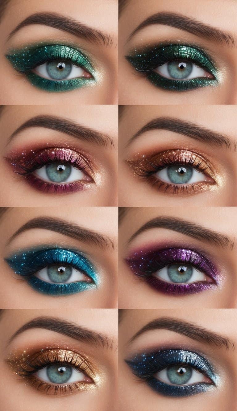 A close-up of sparkling eye makeup in various colors and styles