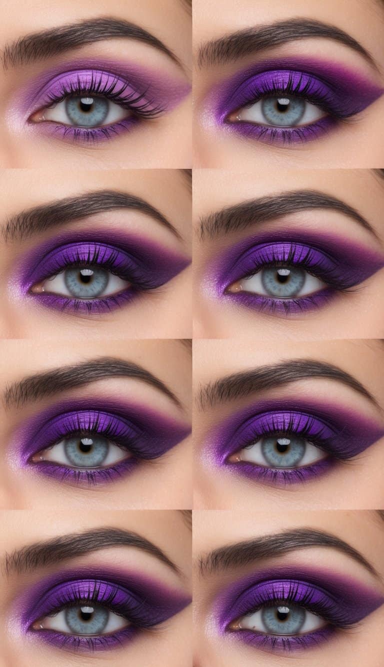 Vibrant violet eye makeup designs arranged in a collage for inspiration