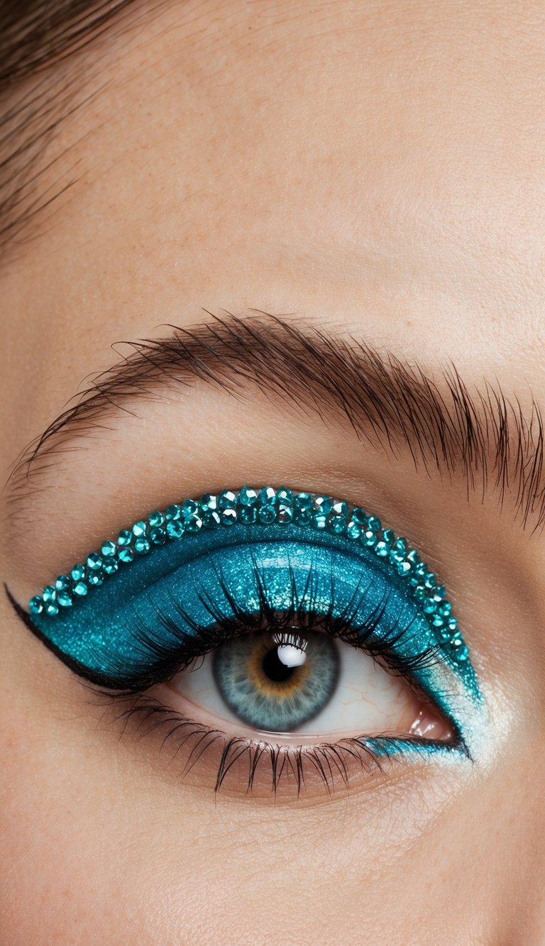 A close-up of vibrant aqua studded liner on an eyelid, with sparkling aqua eye makeup extending towards the outer corner