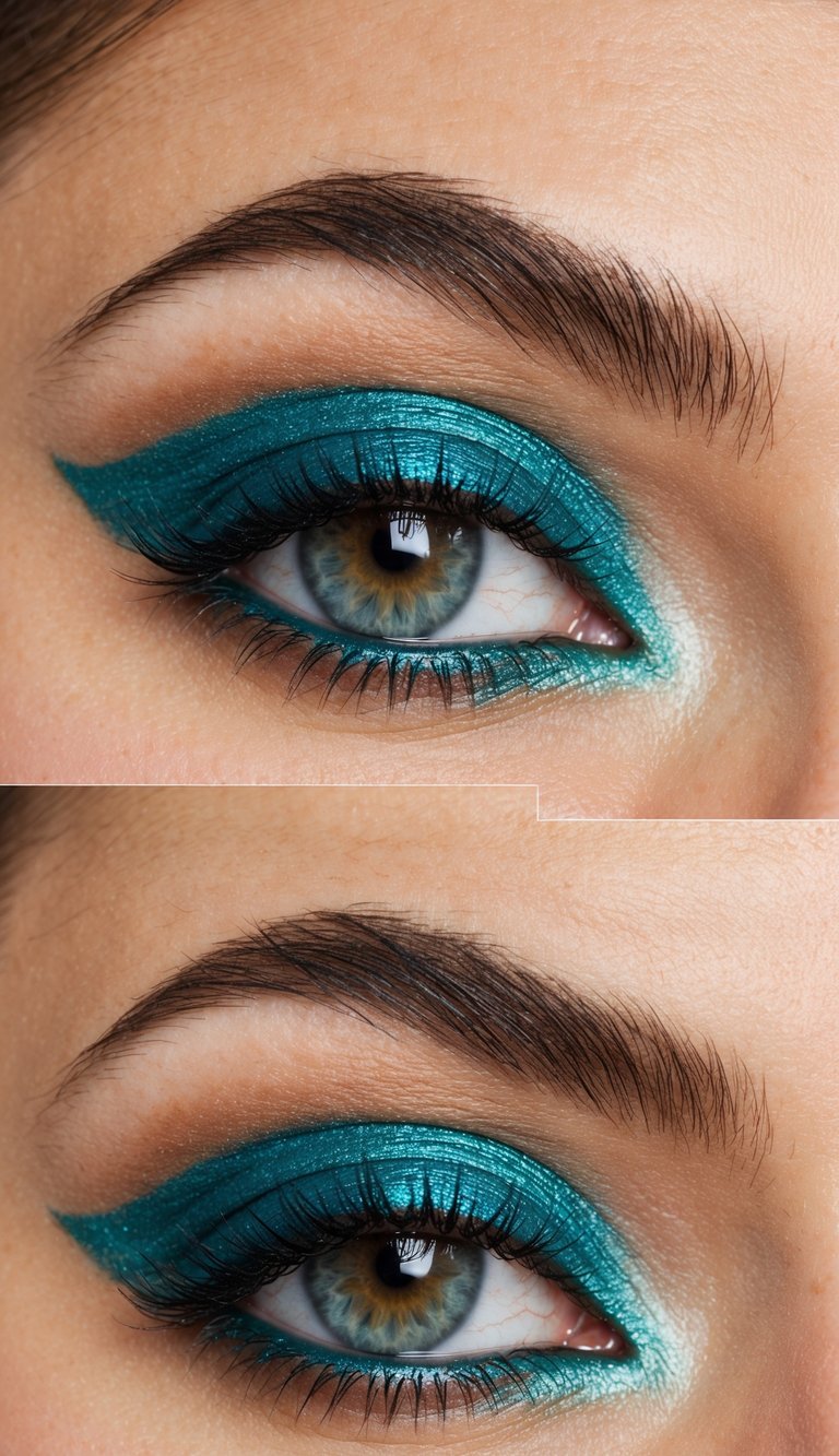 A close-up of vibrant teal and bronze eye makeup, with a refreshing and glowing aqua-toned color scheme