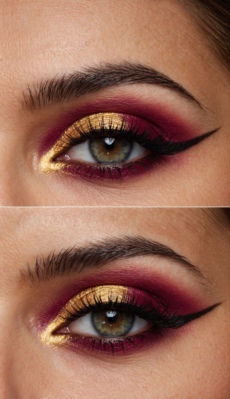 A close-up of vibrant burgundy and gold eye makeup with bold, colorful accents