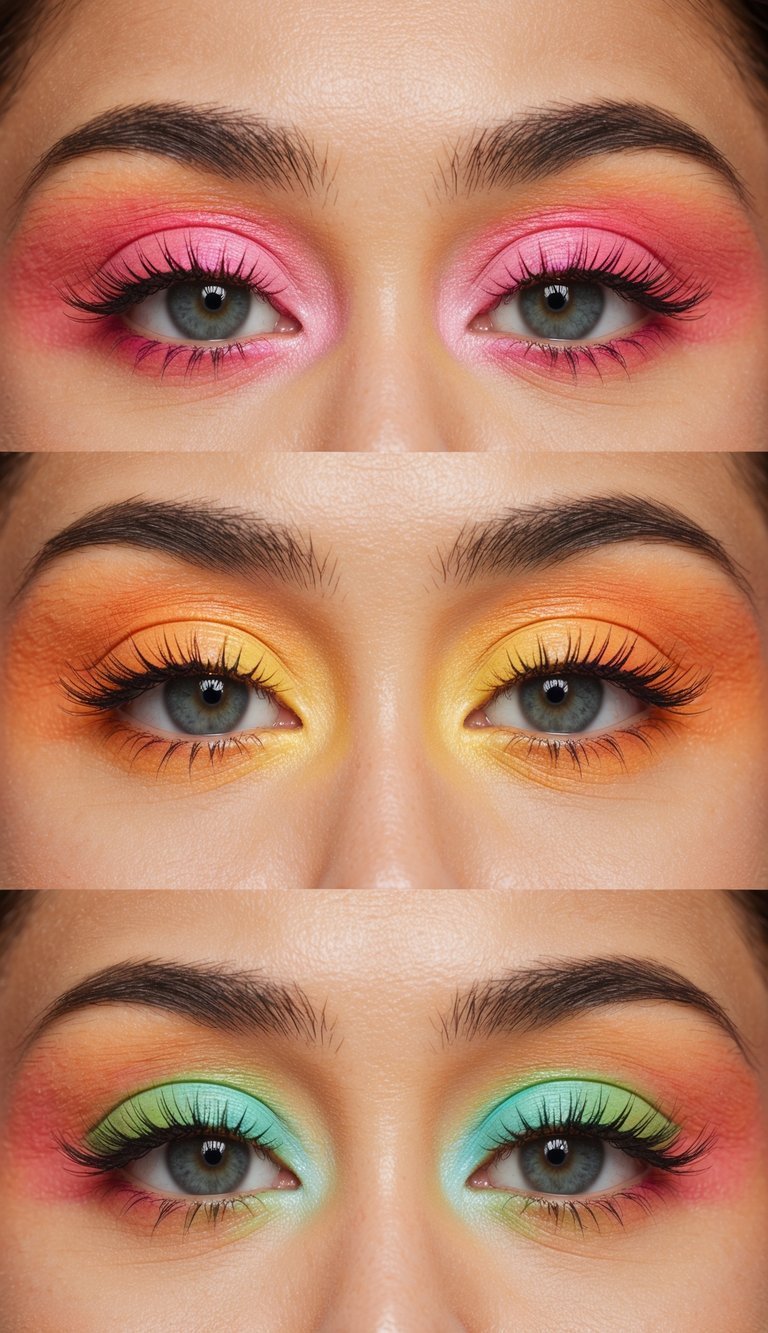 A close-up of vibrant and playful eye makeup in peach sorbet glow shades, with bold and bright colors creating a lively and energetic look