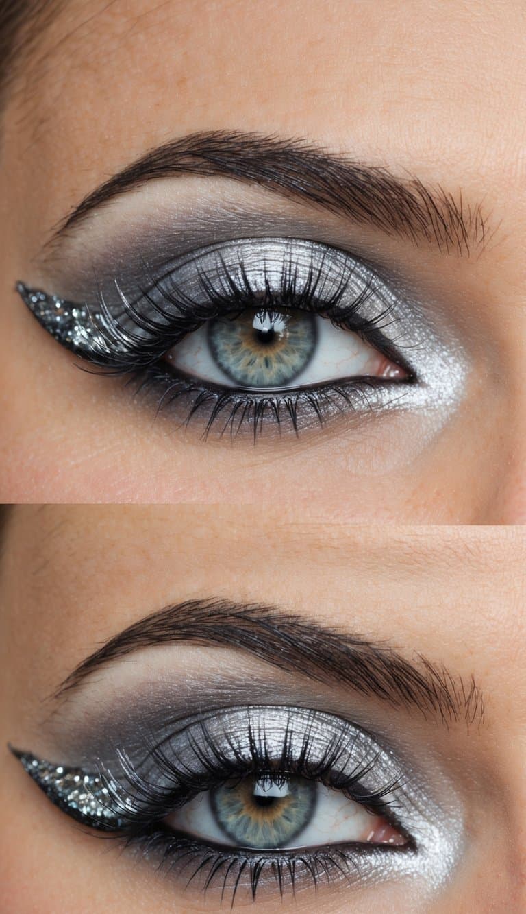 A close-up of a mesmerizing, frosted silver eye makeup look with intricate details and shimmering accents
