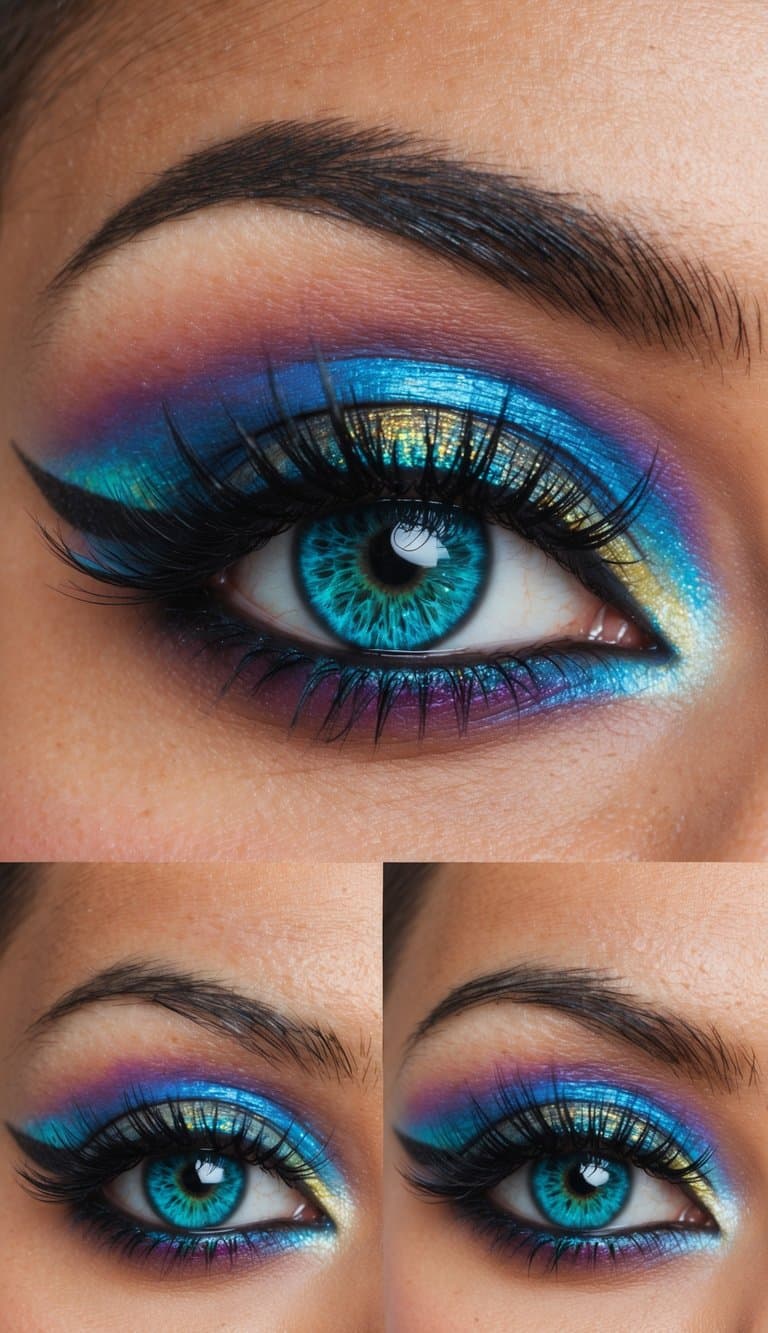 A holographic dawn with vibrant, otherworldly eye makeup designs