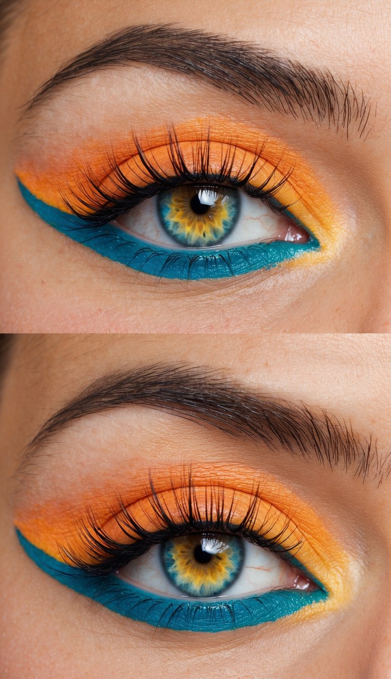 A close-up of a pair of eyes with vibrant and playful eye makeup in bright tangerine and dreamy colors