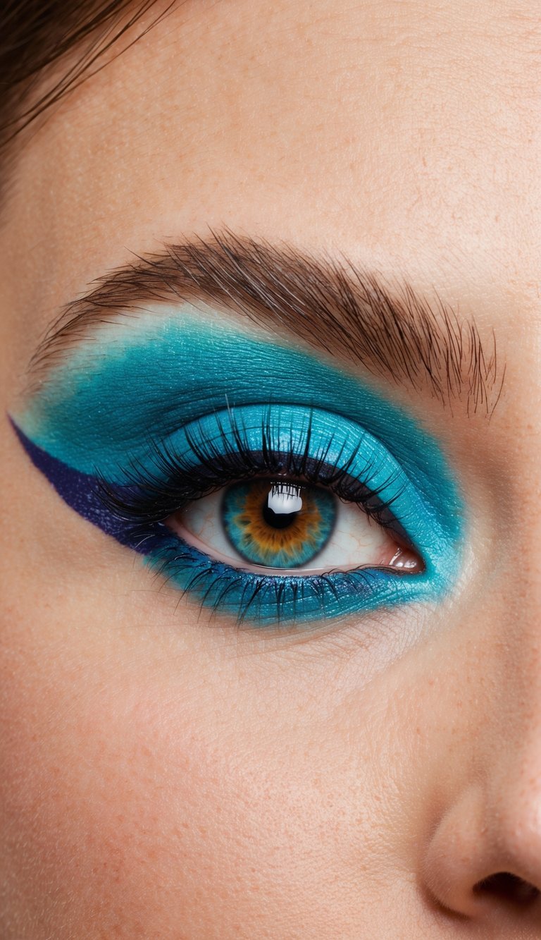 A close-up of vibrant periwinkle eye makeup with bold, colorful accents
