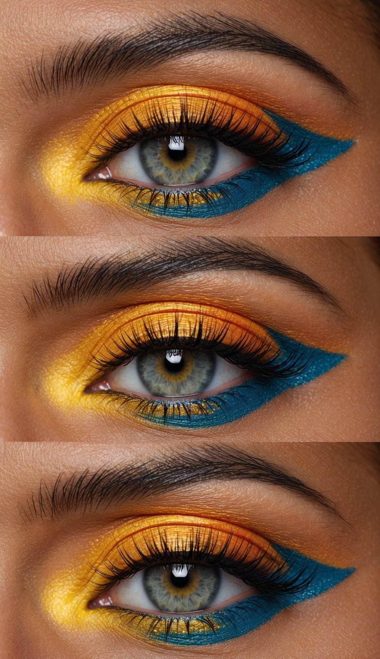 A close-up of vibrant and playful eye makeup in bold marigold, glowing with bright and colorful hues
