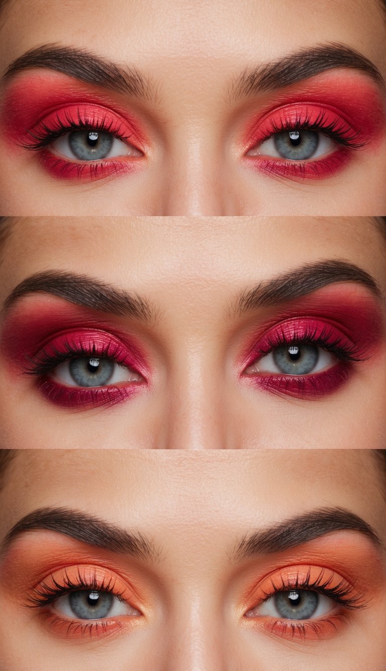 A close-up of vibrant and playful eye makeup looks in crimson and coral shades, showcasing bold and colorful designs