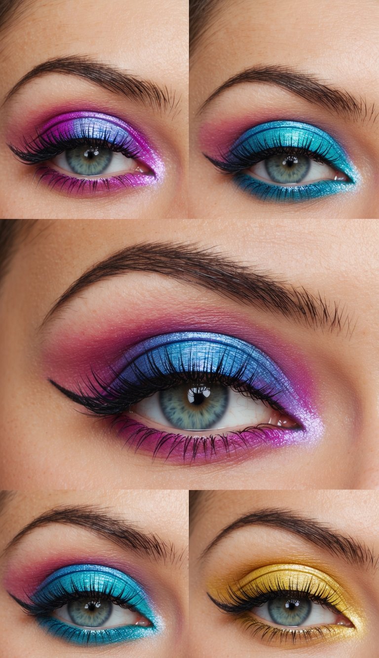 A close-up of vibrant and playful eye makeup looks with shimmering sugarplum and 50 bright and colorful shades