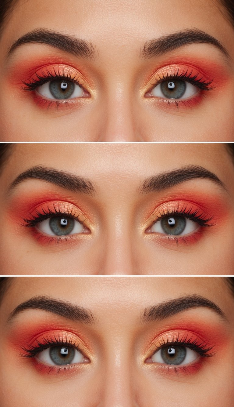 A vibrant sunset coral sheen eye makeup look with bright, playful colors