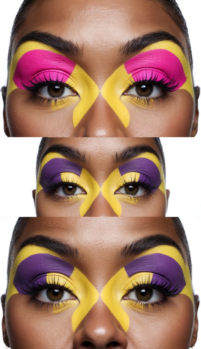 Vibrant eyeshadow palette with bold pinks, purples, and yellows arranged in a playful and colorful pattern