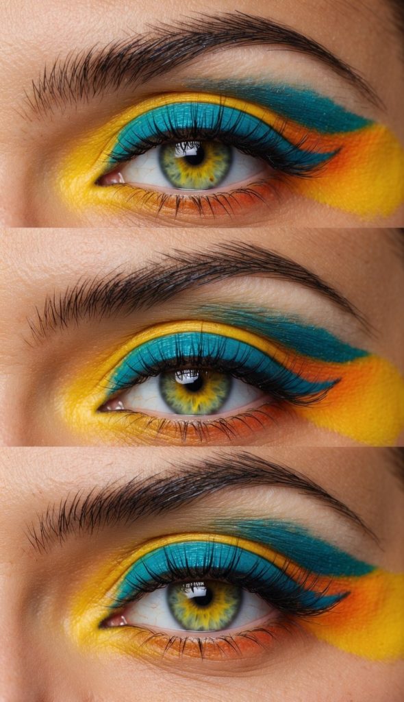 Close-up of eyes showcasing bold makeup with vibrant colors including blue, yellow, and orange eyeshadow and eyeliner, emphasizing the eye shape and lashes.