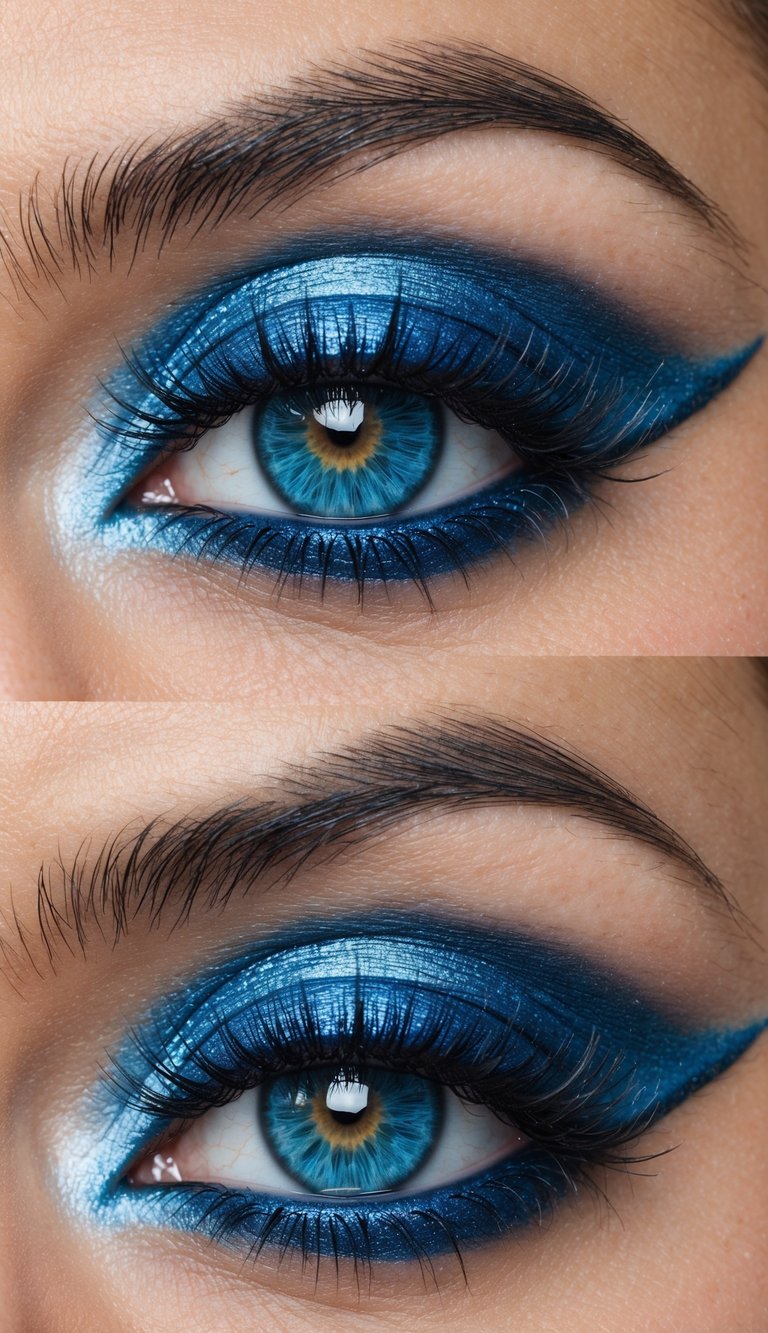 A close-up of a mesmerizing blue-themed eye makeup design with intricate details and a stunning icy palette