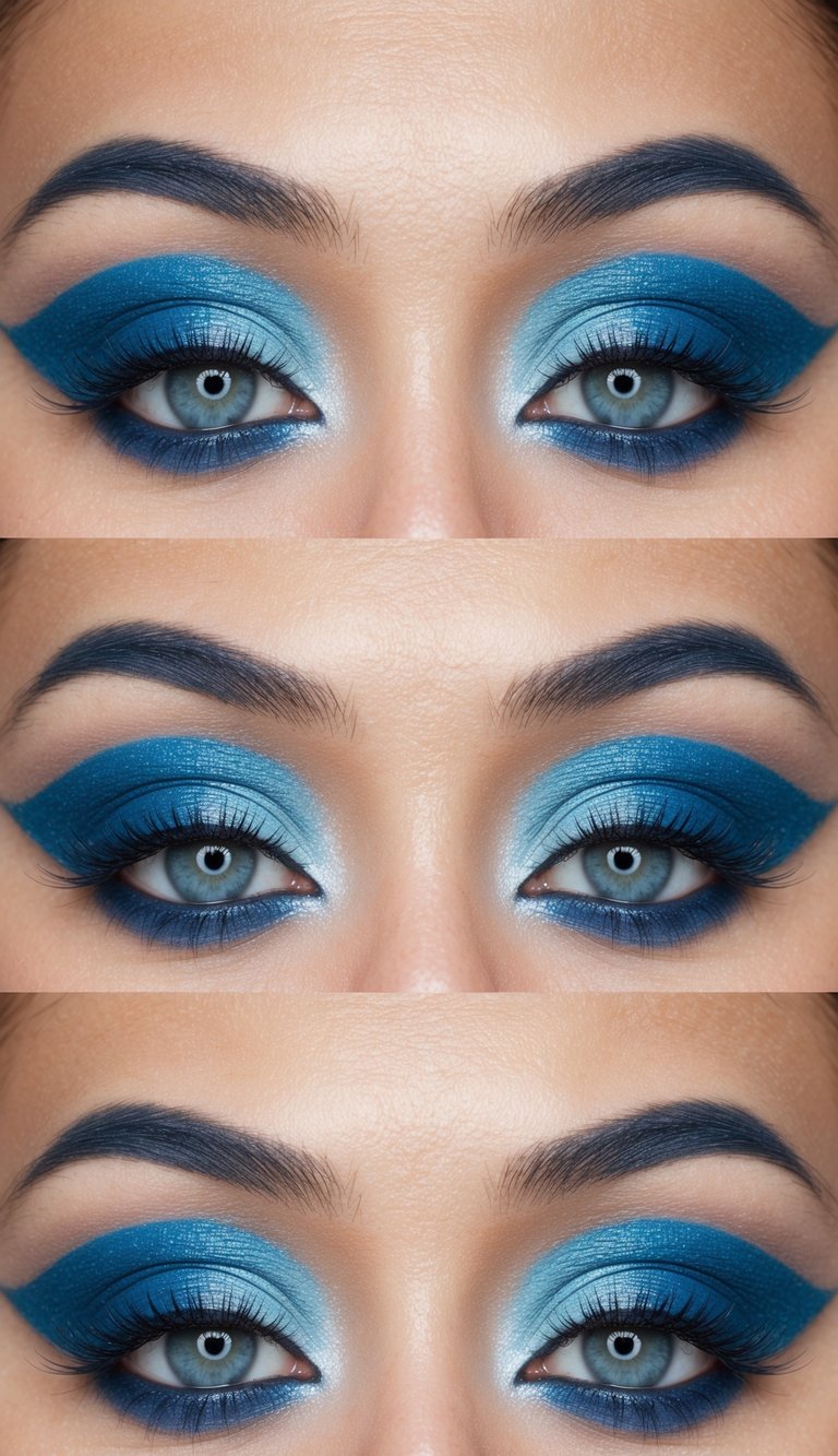 A close-up of a pair of eyes with a stunning blue-themed makeup design, featuring gradients of twilight azure and icy pastel blue