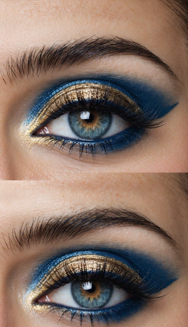 A close-up of a pair of eyes with intricate blue and gold eyeshadow, shimmering under soft lighting