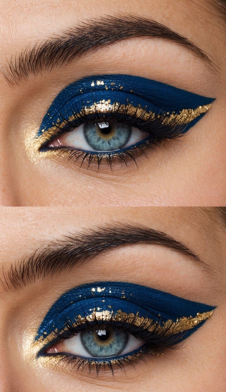A bold cat-eye with gold flecks in elegant blue and gold eye makeup
