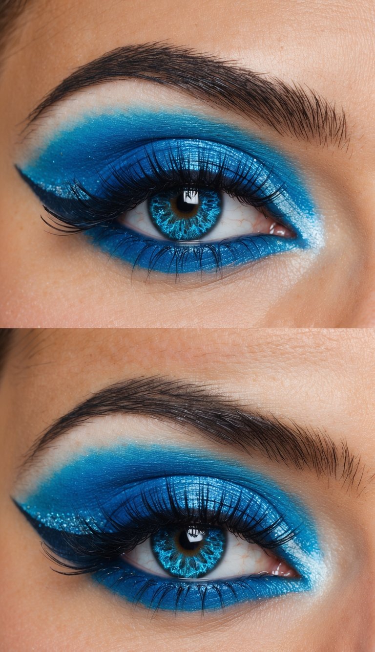 Close-up image of two eyes featuring vibrant blue eyeshadow and contact lenses, framed by dark, well-defined eyebrows and long lashes.