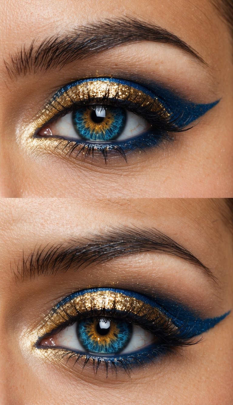 A close-up of a gold glitter halo eye with elegant blue and gold eye makeup