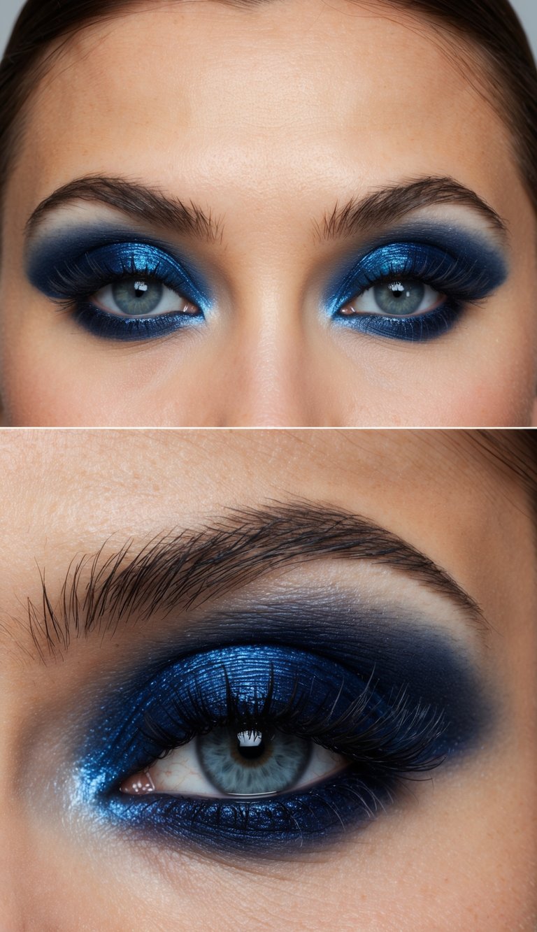 A close-up of a navy velvet smokey eye makeup look with shades of stunning blue, creating a mesmerizing and icy effect