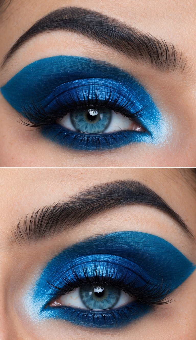 A close-up of a pair of striking blue-themed eye makeup designs with a misty blue highlight