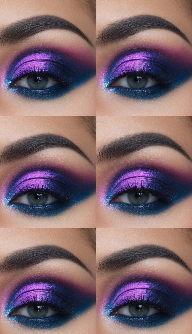 A vibrant, twilight sky with swirling hues of purple, blue, and pink, blending seamlessly into a smoky, colorful eye makeup look