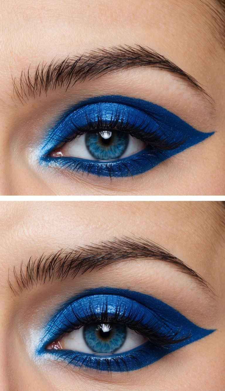 A close-up of an eye with lapis lazuli blue eyeliner, surrounded by various shades of blue eyeshadow and shimmering accents