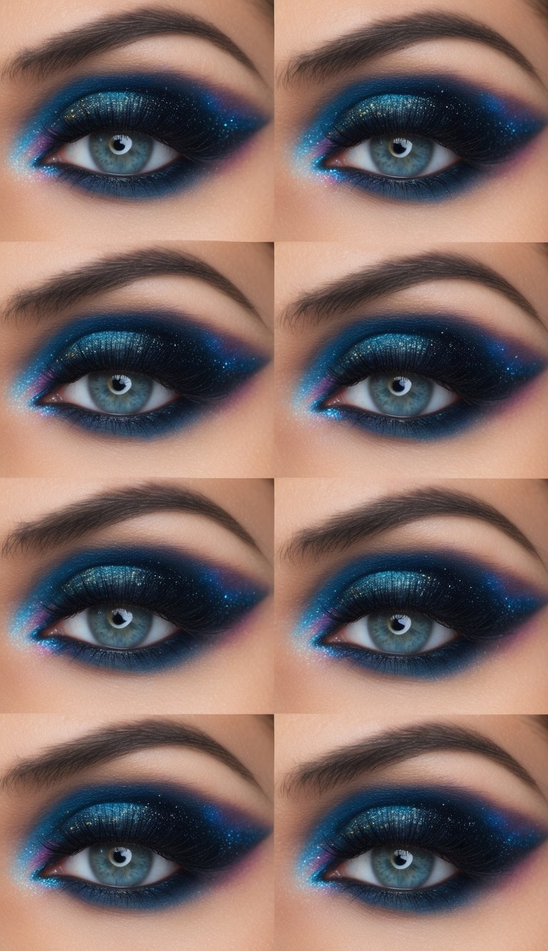 A starry night sky with vibrant, swirling colors blending together in a mesmerizing and artistic smokey eye makeup design
