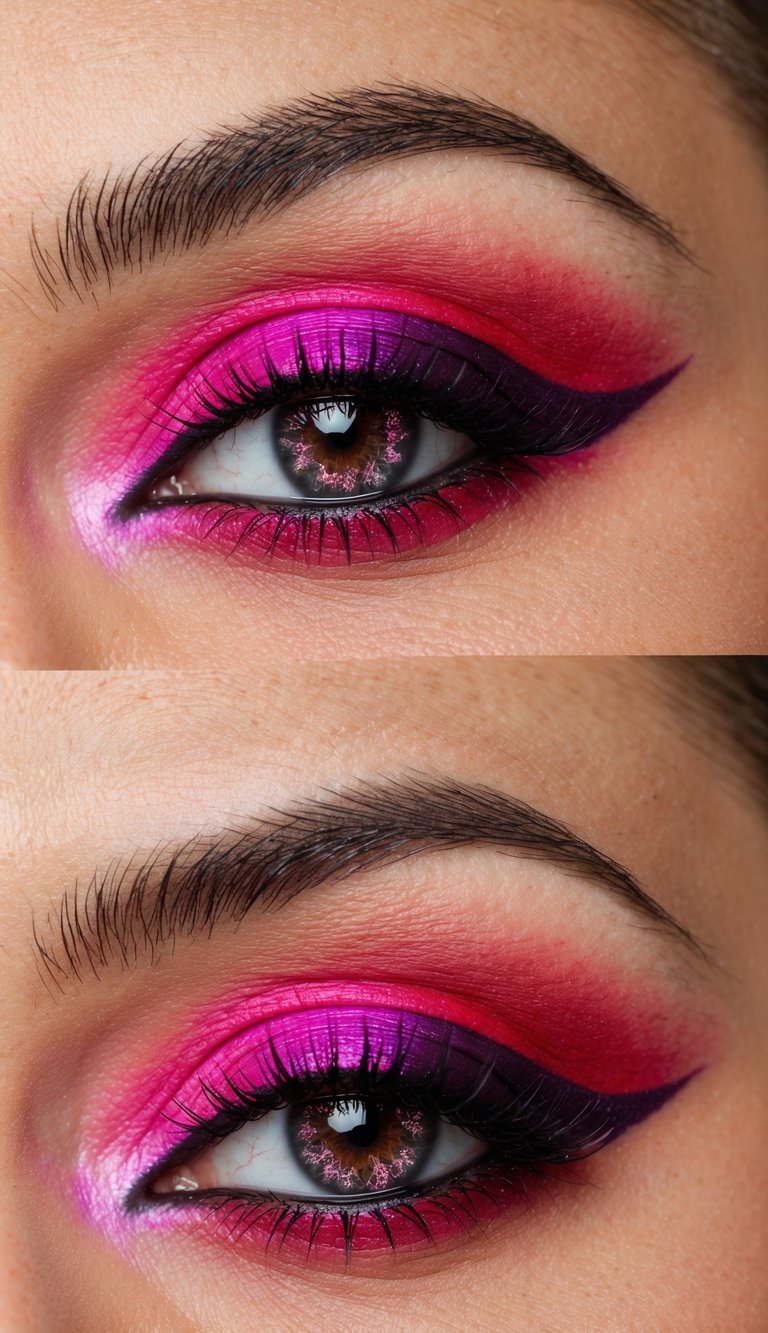 A close-up of a vibrant, cherry blossom-inspired smokey eye makeup look, with bold pinks, purples, and reds blending together in a colorful and artistic display