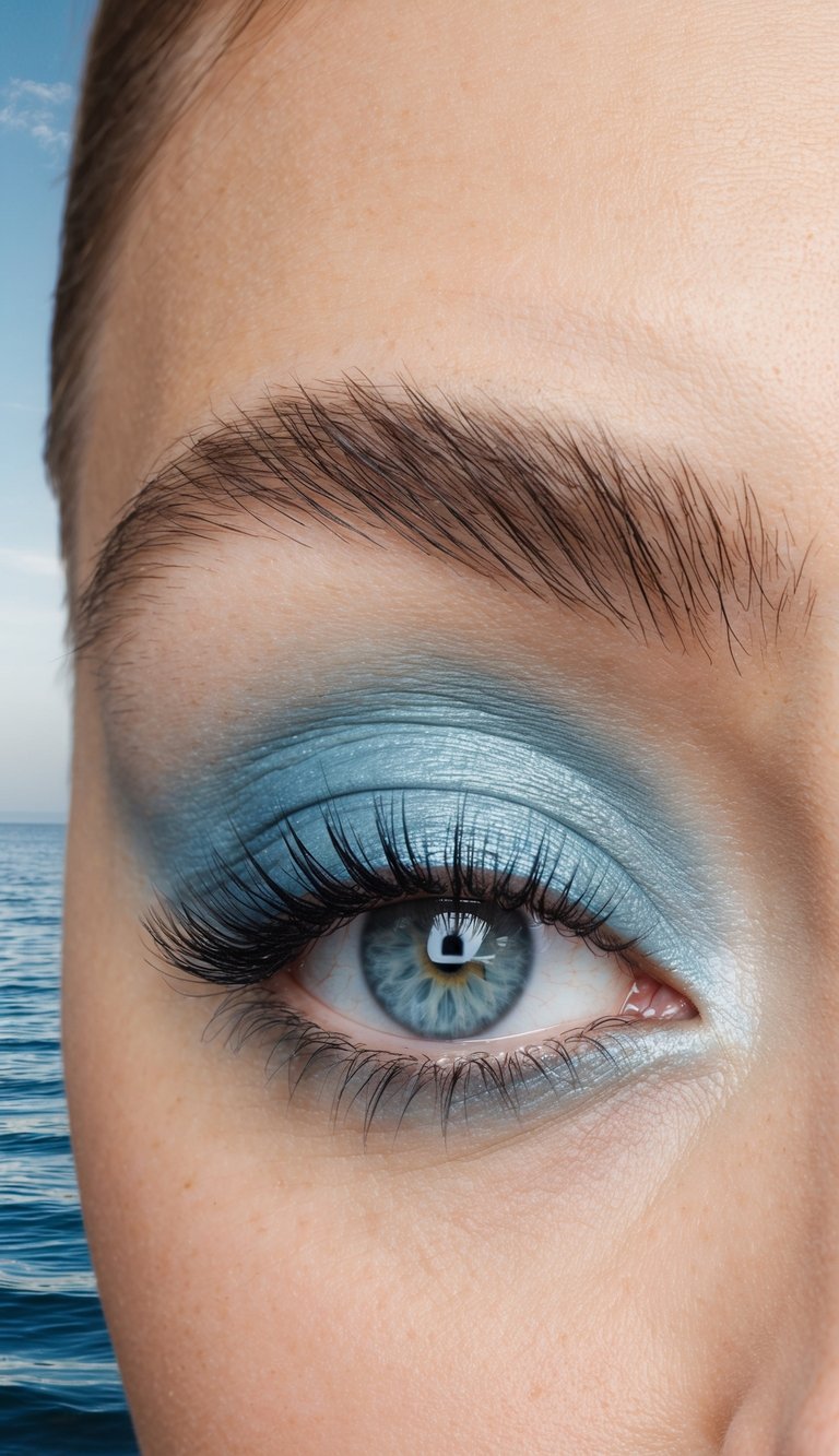 A serene ocean view with misty blue tones and subtle hints of icy shimmer