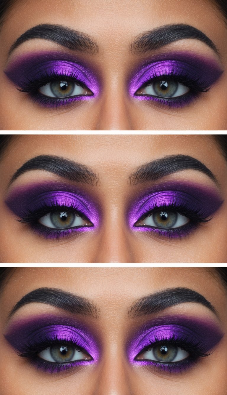 A regal royal purple smokey eye makeup look with vibrant and bold colors blending together in a unique and artistic style