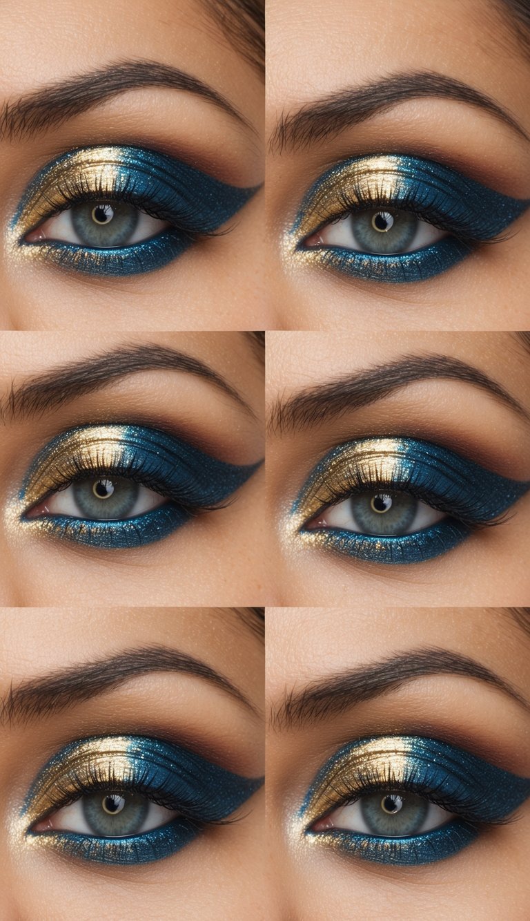 A close-up of an elegant eye with metallic blue and gold makeup, shimmering in the light