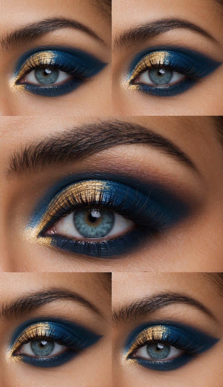 A twilight blue and golden glow illuminating an elegant eye makeup look