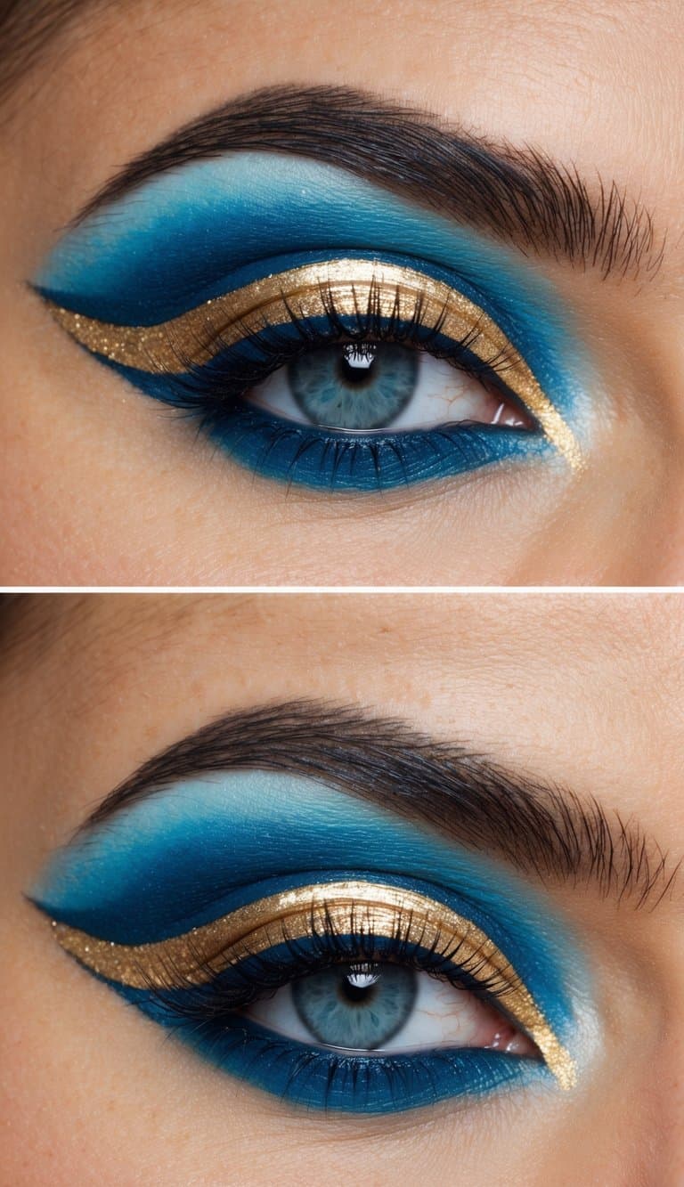 A sky blue cut crease with gold lines, creating an elegant eye makeup look