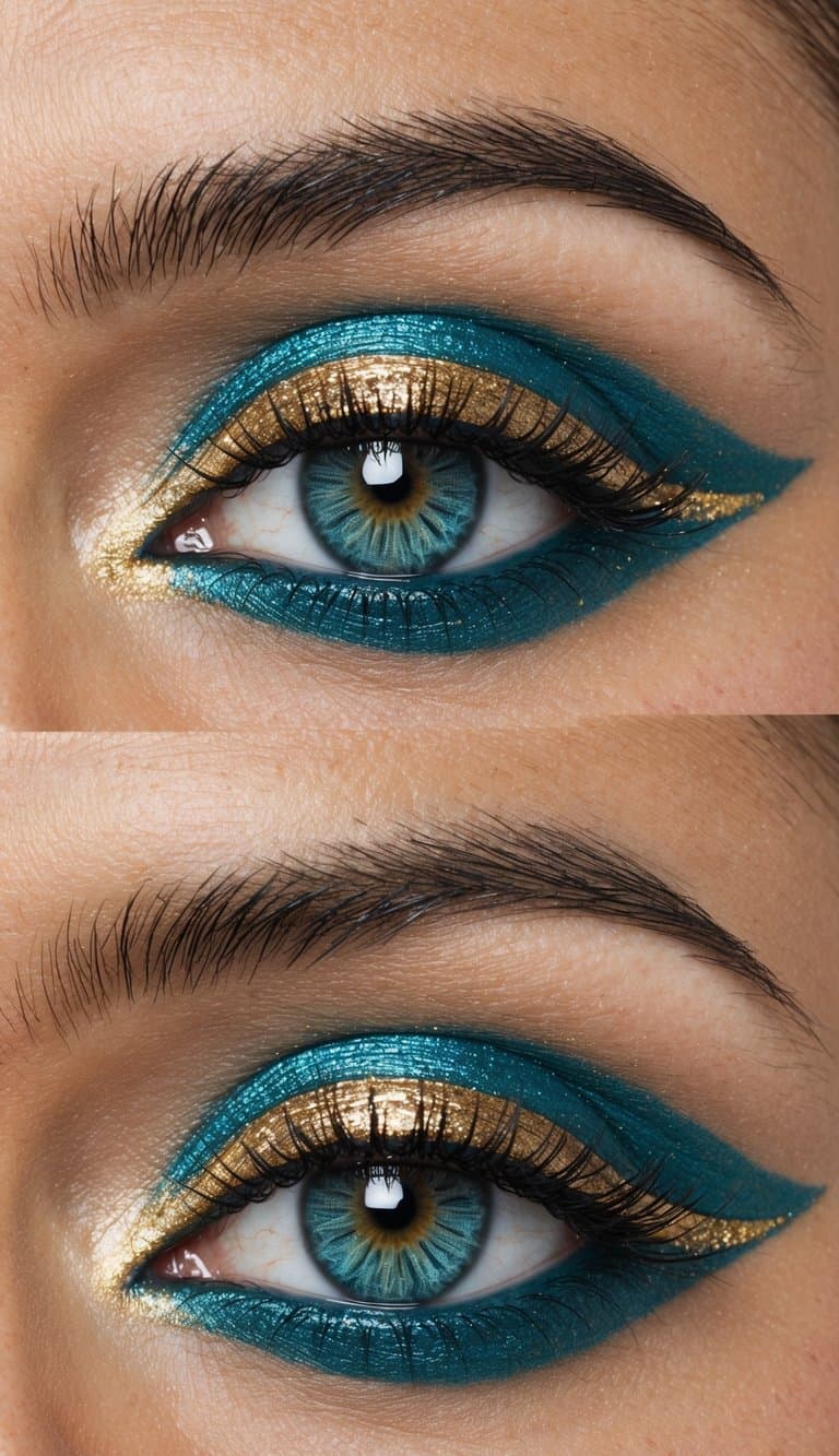 A close-up of an eye with a gradient of gold and teal eyeshadow, accented with shimmering blue and gold details