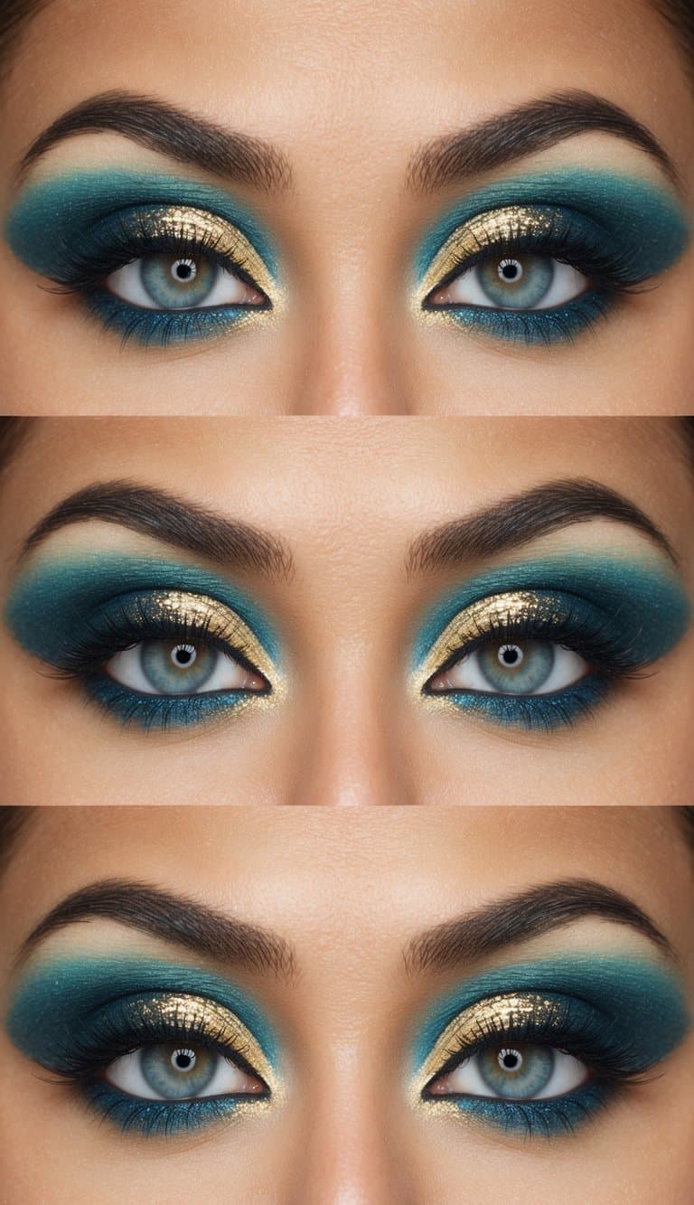 A tropical blue and gold color palette with shimmering accents, creating an elegant and luxurious eye makeup look