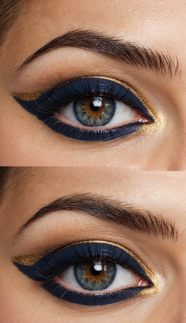 An elegant eye with navy blue lid and antique gold accents