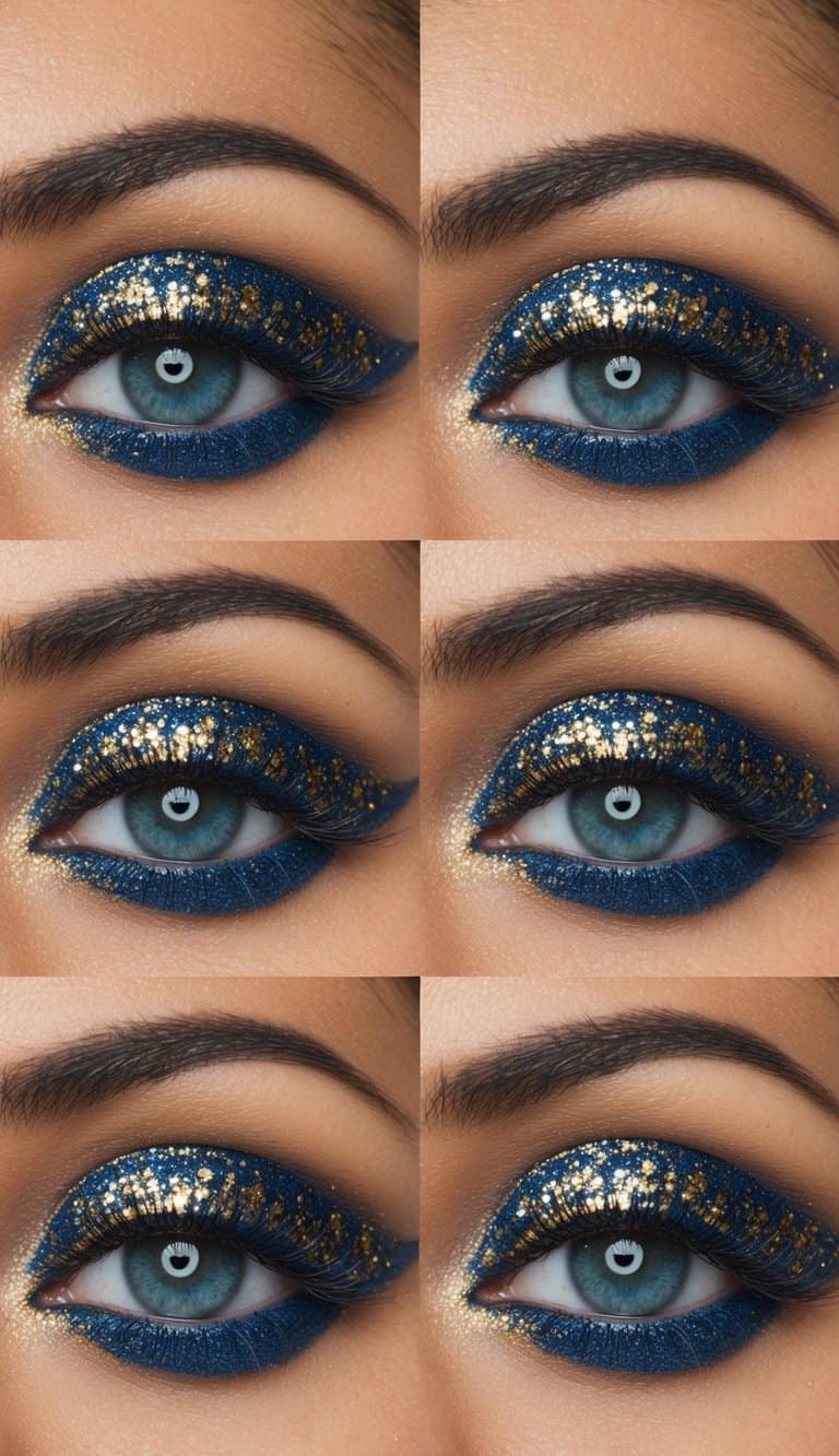 A glittery blue base with gold flecks, creating an elegant eye makeup look