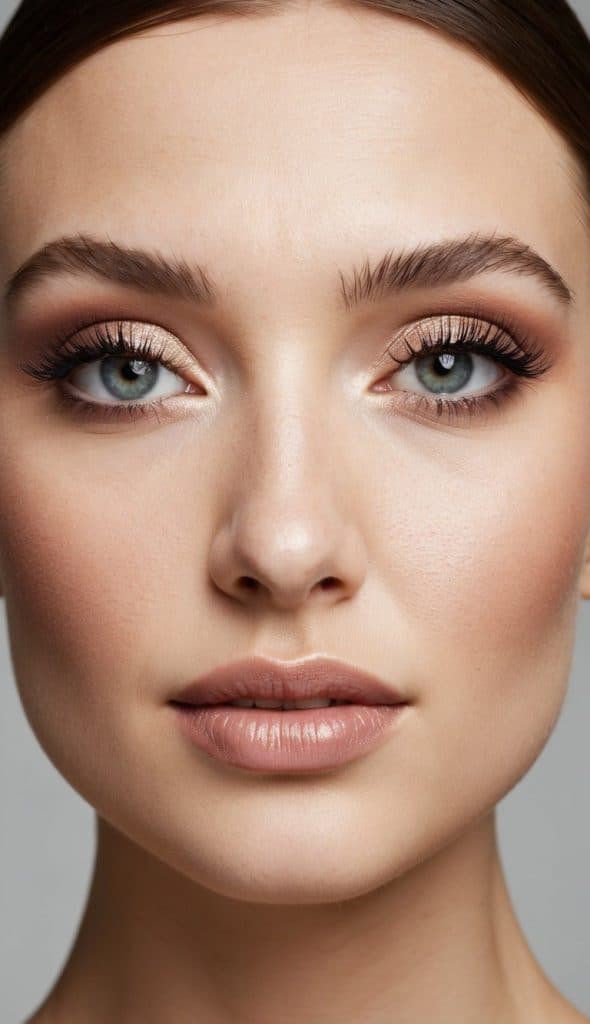 Close-up of a woman's face with flawless makeup, showcasing well-defined eyebrows, highlighted eyes, and natural pink lips.