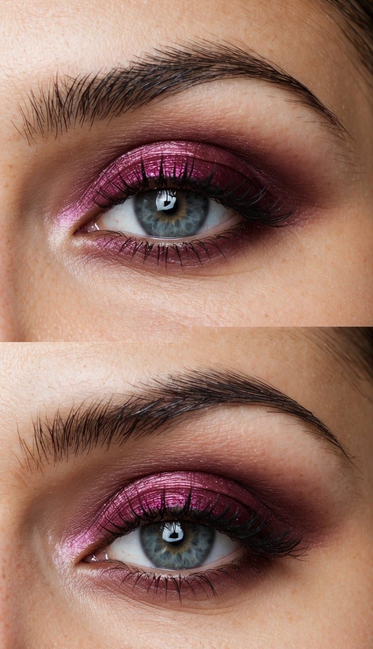 A close-up of an eye with soft, romantic burgundy eyeshadow and subtle shimmer, creating a flirty and alluring look for a date night