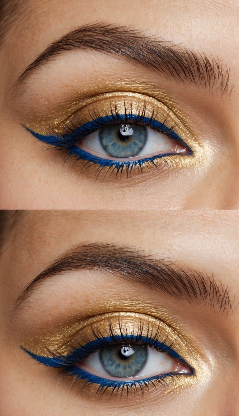 A gold lid with a blue underliner, shimmering with elegance