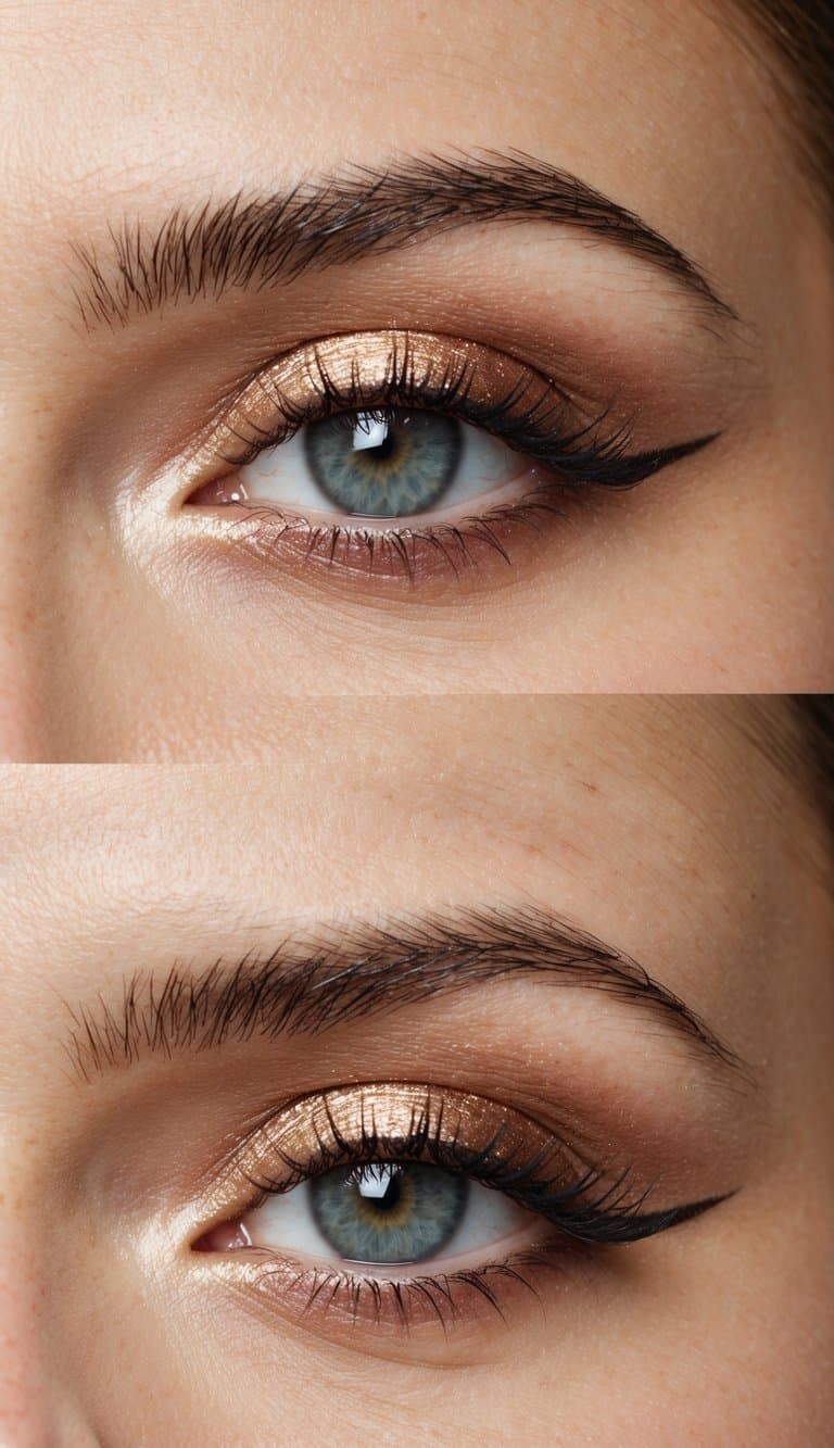 A close-up of an eye with rose gold shimmer eyeshadow and soft, flirty eyeliner, creating a romantic and alluring look