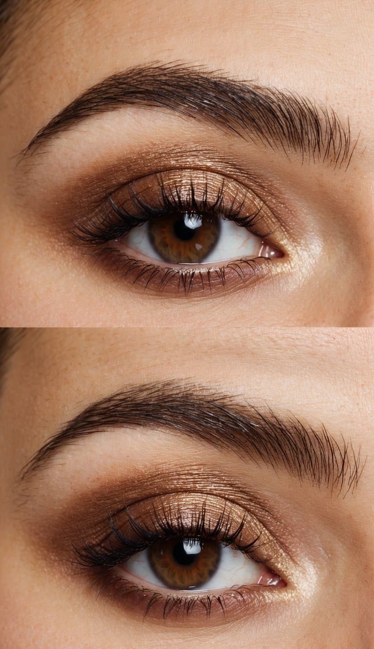 Soft brown eyeshadow blending on eyelids with shimmering highlights