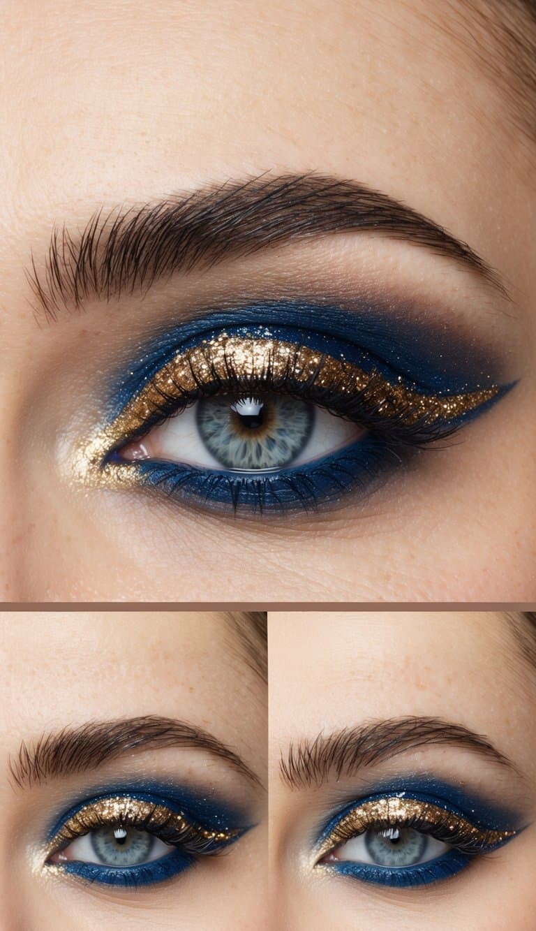 Elegant blue and gold eye makeup palette with glitter accents on a clean, white background