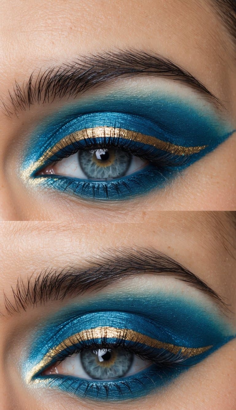 Aqua blue lid with a subtle gold line, blending into a vibrant blue and gold eye makeup look